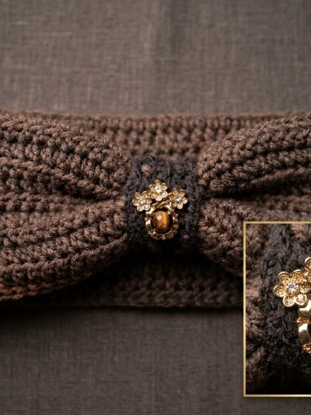 Brown Knit Bow Headband with Gold Floral Accent